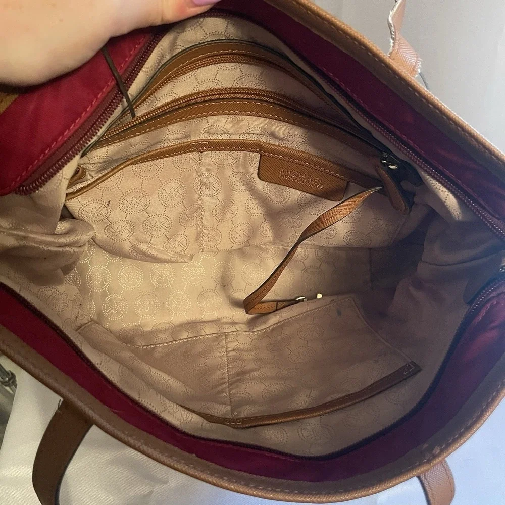 Michael Kors Kempton Nylon Satchel Tote Purse Shoulder Bag in Maroon & Brown - Picture 7 of 16